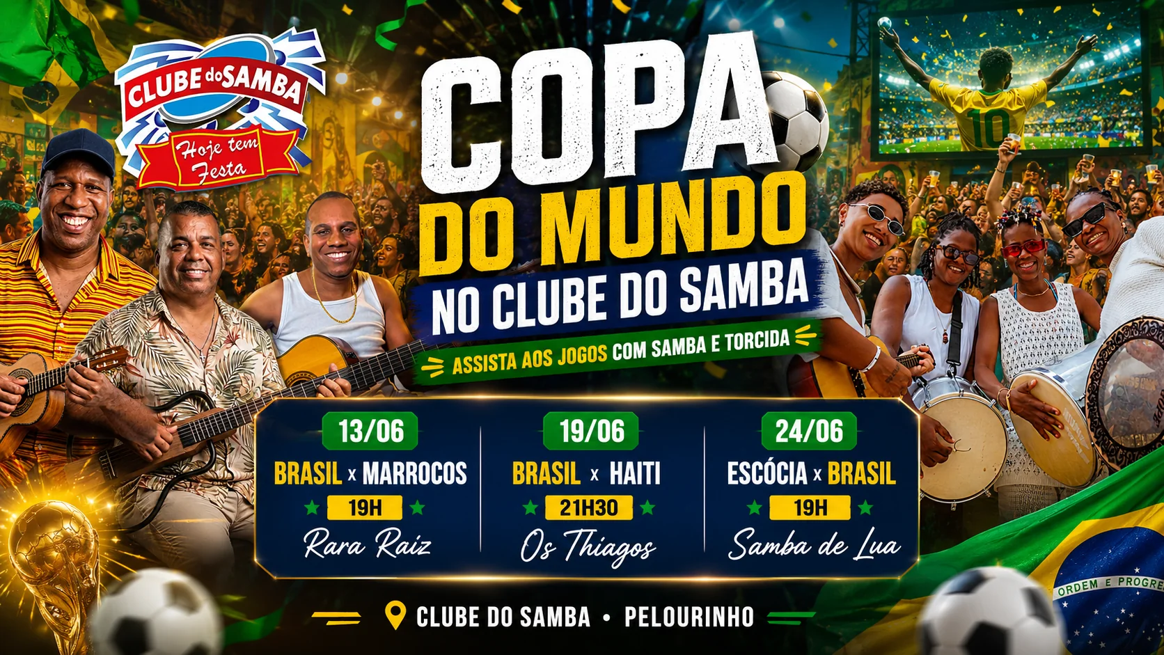 Banner Copa do Mundo no Clube do Samba com jogos do Brasil, samba e torcida.
