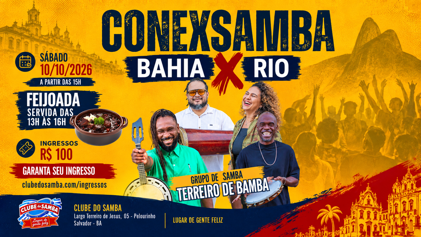 Banner CONEXSAMBA — Bahia x Rio em 10 de outubro de 2026 no Clube do Samba
